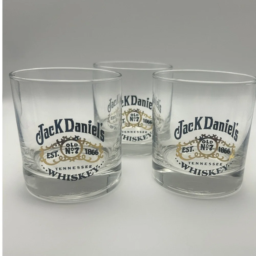 Jack Daniel's Old No. 7 Whiskey Rocks Glass Set of 4 Logo Clear Black Gold 3.5in